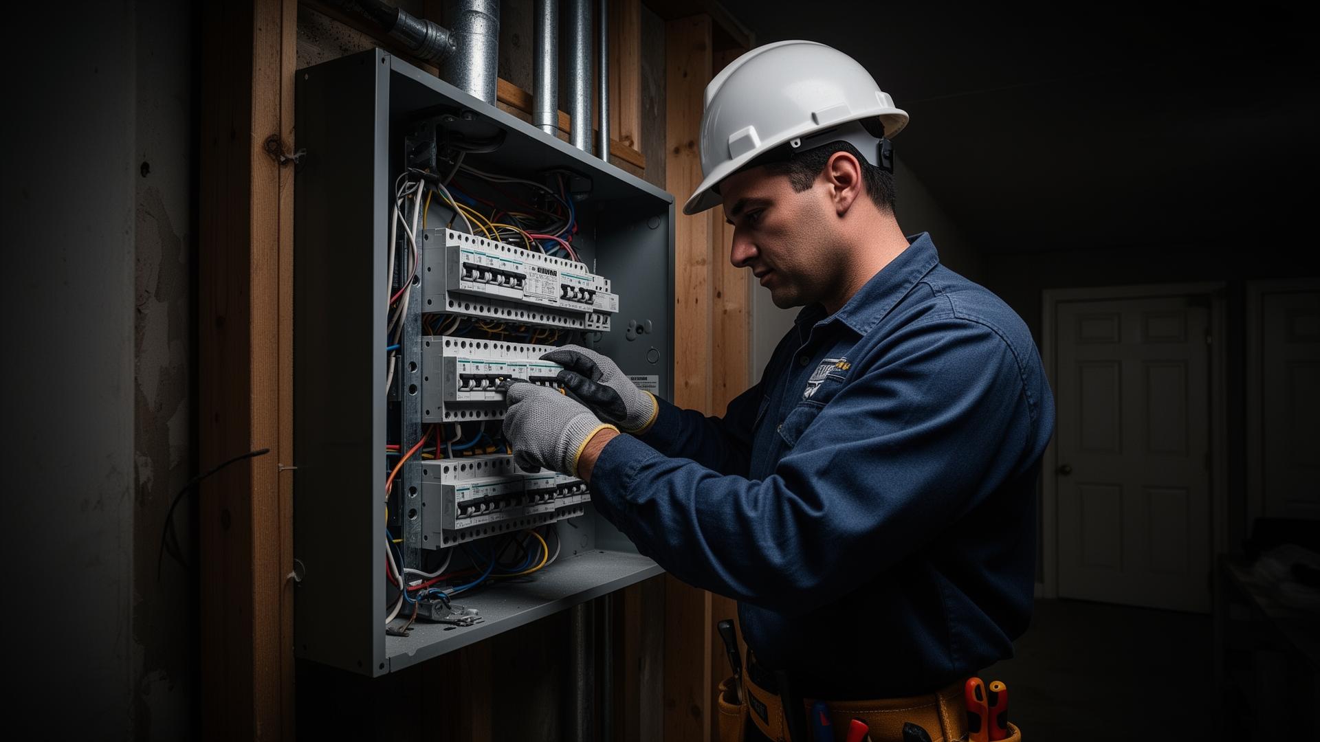 Professional electrician working on an electrical panel